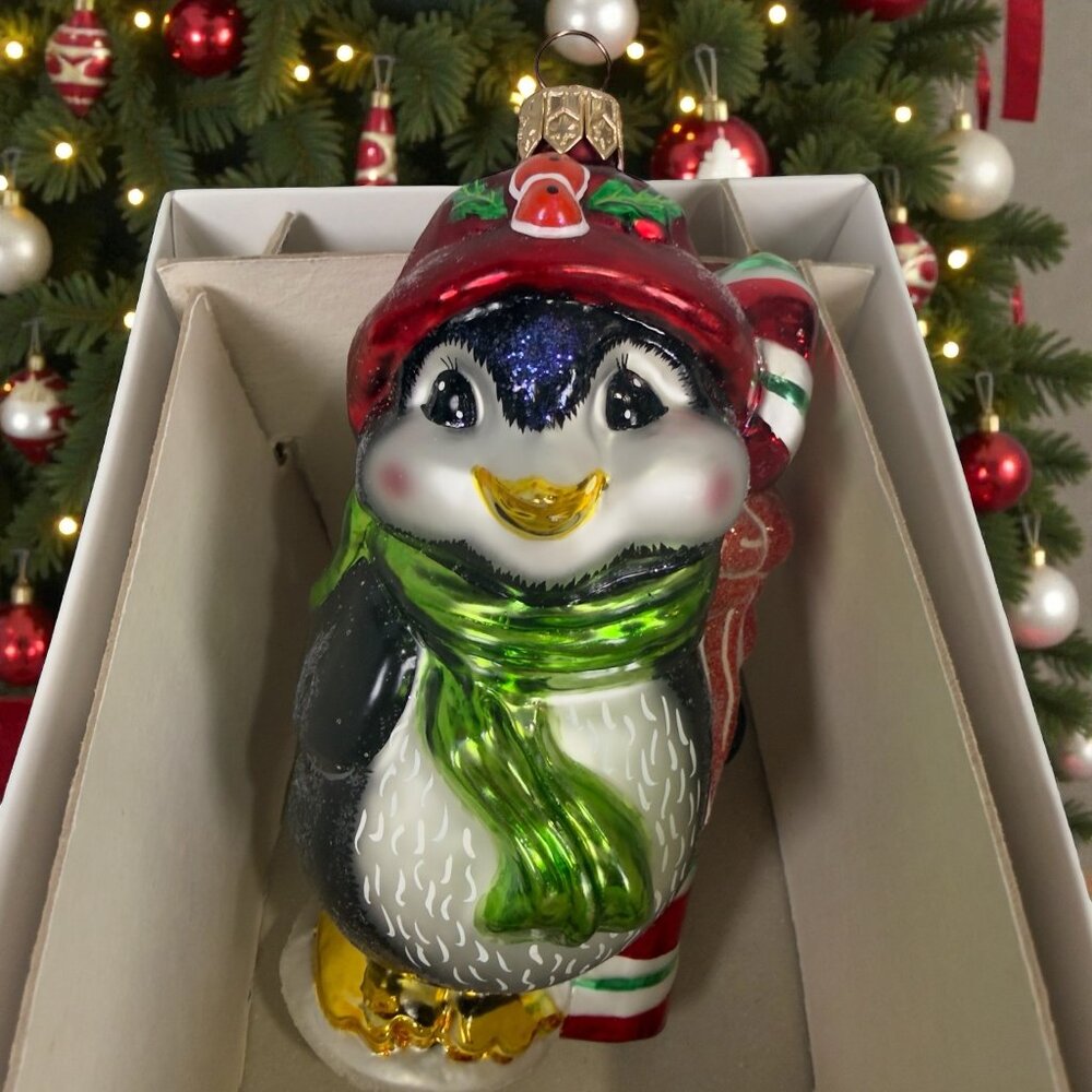 Christopher Radko Peppermint Penny Penguin Candy Cane Glass Christmas Ornament